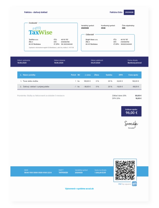 Daňové doklady faktúra screenshot
